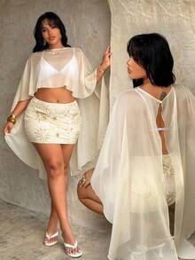 Rustia Plus Size Women Chiffon Casual Shawl Top, Cute Holiday Loose Tops, Spring/Summer - Apricot - View 1