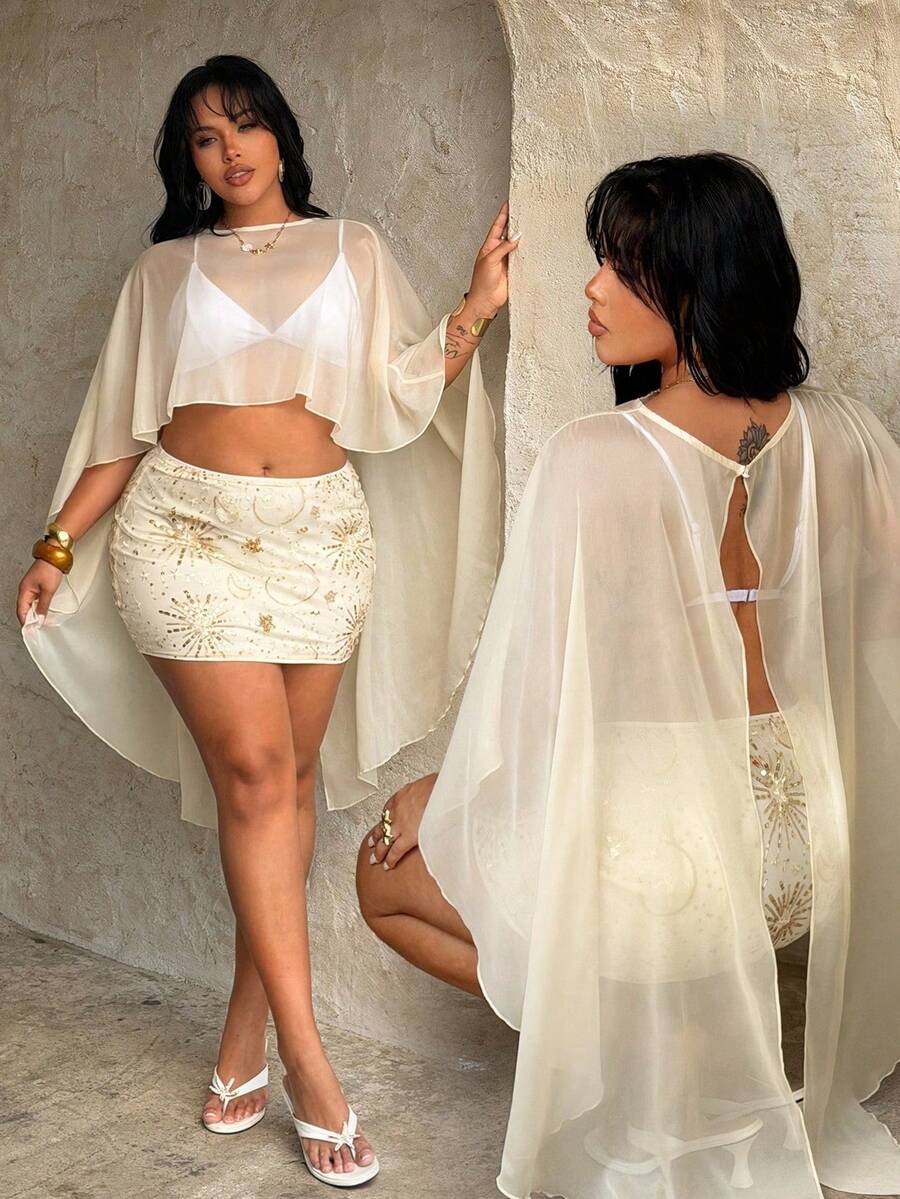 Rustia Plus Size Women Chiffon Casual Shawl Top, Cute Holiday Loose Tops, Spring/Summer - Apricot - View 1