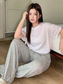 Dazy Plus Ditsy Floral Tie-Front Slim Fit Straight Leg Pajama Bottoms - Light Grey - View 4