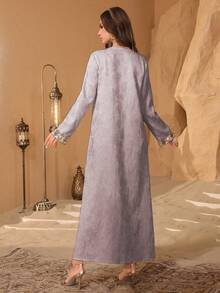 Al Najma Luxurious Embroidered Beaded Loose Jacquard Fabric Turkish & Arabic Traditional Long Robe For Women - Pink - View 2