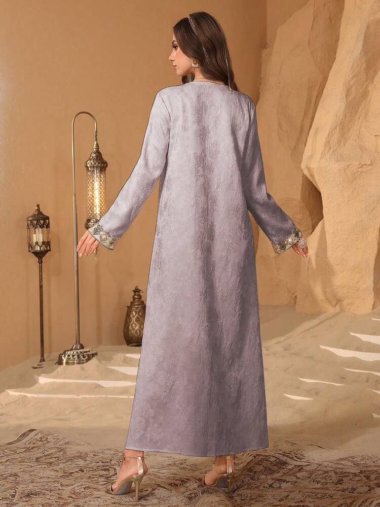 Al Najma Luxurious Embroidered Beaded Loose Jacquard Fabric Turkish & Arabic Traditional Long Robe For Women - Pink - View 2