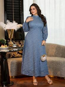 Modelyn Vestido de fiesta elegante con cuello alto y cintura ceñida para mujer de talla grande - Neblina azul - Ver 6