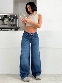 SHEIN Women's Pocketed Wide Leg Loose Casual Sexy Versatile Jeans Swimming Pastal - Medium Wash - View 5