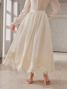 Anewsta Spring/Summer New Elegant Valentine's Day Beach Vacation Casual High Waist A-Line Lace Embroidered Women Long Pants & Skirt - Apricot - View 3