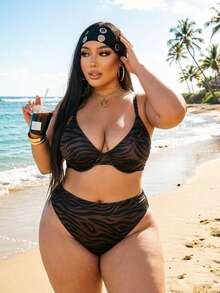 SHEIN Swim Curve 大码女士性感斑马纹比基尼泳装套装，夏季海滩 - 咖啡棕 - 查看 5