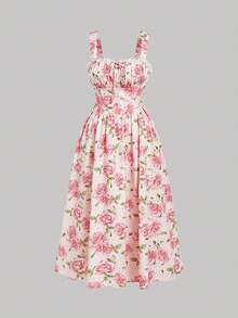 SHEIN MOD 夏季吊带浪漫印花连衣裙，胸部褶皱设计，蕾丝拼接中长裙，浪漫，度假，乡村，花园，下午茶 - 粉色 - 查看 3