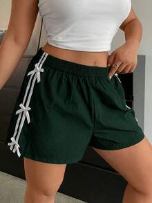 POPSWAY Plus Size Women Side Stripe Bow Decor Casual Shorts - Army Green - View 4