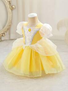 SHEIN Glamorique Kids 女婴公主薄纱连衣裙，黄色网纱连衣裙，泡泡袖，生日派对，婚礼节日正式礼服，珠宝装饰，四季皆宜，优雅正式礼服 - 黃色 - 查看 6
