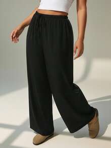 Auralis 大码女士休闲复古缎面长裤，百搭棕色，适合日常穿着、办公室、工作、聚会和约会。 - 黑色 - 查看 3