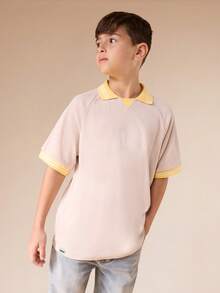 SUMWON Camisa polo de manga corta casual de verano para niños preadolescentes con cuello y puños de contraste amarillo - Caqui - Ver 1