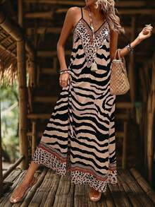 Zayélia Women's Leopard Print Loose Maxi Slip Dress, Elegant For Daily Wear And Vacation, Summer - Khaki - View 1