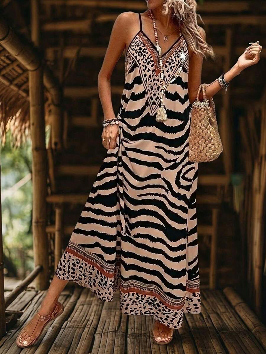 Zayélia Women's Leopard Print Loose Maxi Slip Dress, Elegant For Daily Wear And Vacation, Summer - Khaki - View 1