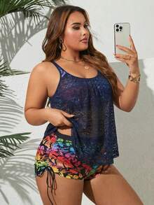 SHEIN Swim Curve 大码女士印花网纱拼接吊带泳衣套装，成熟保守运动沙滩度假风 - 彩色 - 查看 3
