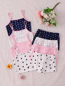 8pcs/Set Girls Minimalist Fashion Pink & White Sweet Heart Lash Polka Dot Print Camisole & Shorts Underwear Set - Multicolor - View 2
