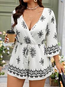 Breezaya Damen Große Größen Gewebter Regulärer Sommer Casual Urlaub Tiefer V-Ausschnitt 3/4 Ärmel Taillengegürteter Quasten Schwarz & Weiß Bedruckter Jumpsuit - Verschiedenfarbig - Übersicht 6