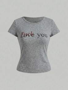 ROMWE Avant Minimalist Basic Funny Slogan Print Crew Neck Fitted Waist Short Sleeve T-Shirt - Grey - View 2