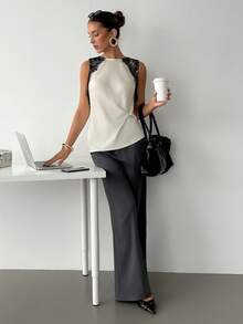 Siren Gaze 女士圆领撞色蕾丝边无袖不对称下摆背心，适合日常穿着、派对、音乐节等场合。 - 杏色 - 查看 4