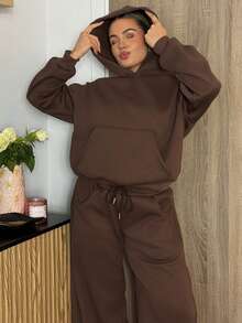Bethéva Bộ áo hoodie lót giữ nhiệt và quần nỉ dáng rộng thoải mái cho nữ mùa thu/đông - màu nâu - Xem 3