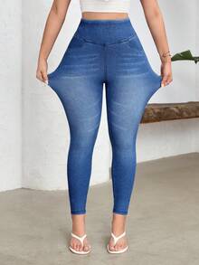 Flexra 女士休闲水洗高腰修身牛仔裤 - 藍色 - 查看 5