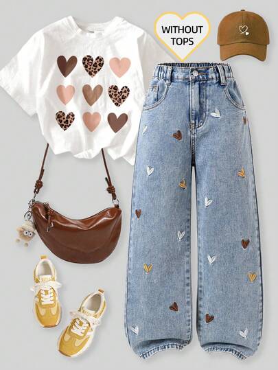 SHEIN ChillGRL New 2025 Autumn & Winter Girls' Wide Leg Jeans. Cute Heart Embroidered Loose Jeans, Vintage Distressed Denim Color, Y2K Preppy Street Style Casual Cute Retro, Embroidered Pattern Ripped, Pink Heart Embroidery, Comfortable Cotton Denim, Blue Denim Color Pants For All Seasons Fashionable Girls' Heart Loose Wide Leg Jeans, Elastic Waist Design