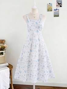 SHEIN 2pcs/Set Cardigan Rajut Bergaris Kasual Musim Semi/Musim Gugur untuk Remaja Perempuan Bertubuh Mungil dengan Dekorasi Pita dan Gaun Selip Chiffon Motif Bunga Elegan - Baby Blue - View 4