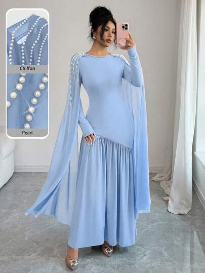 Modelyn Đầm dài tay màu cà phê thanh lịch, cổ oval, đính cườm dành cho nữ, thích hợp cho mùa đông.