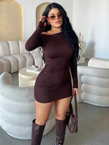 Dayanna Comas 长袖不对称褶饰修身休闲连衣裙，春秋装，棕色 - 咖啡棕 - 查看 6