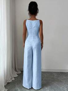 SHEIN Elenzya Bộ jumpsuit ống rộng thắt eo bằng vải jacquard họa tiết nơ và hoa cúc dành cho nữ, thanh lịch cho việc đi làm hàng ngày. - Màu xanh nhạt - Xem 2