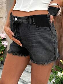 SHEIN Maternity Frayed Hem Casual Denim Shorts With Belt Loop, Summer - Black - View 1