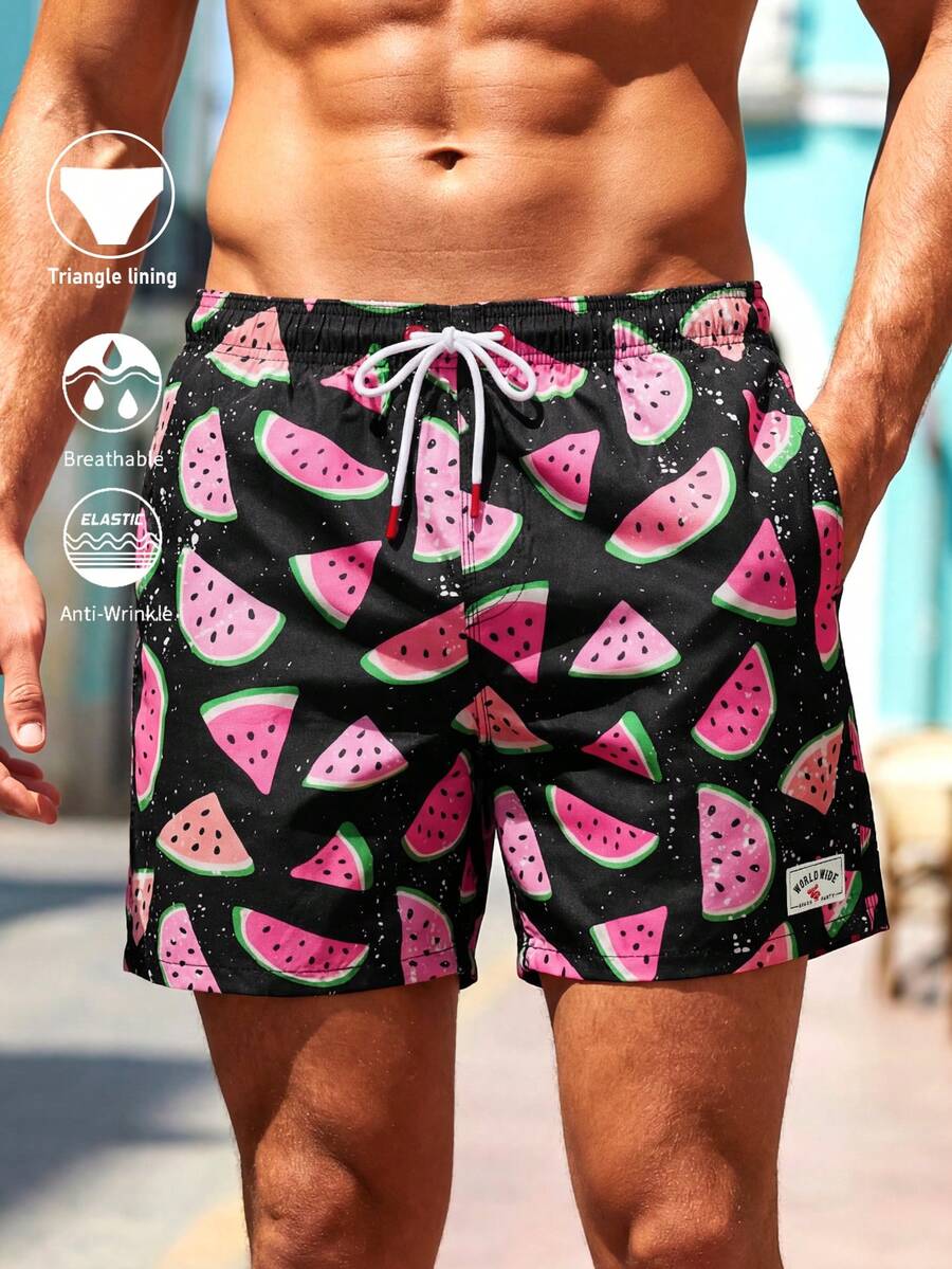 Horizaway Pantalones de playa casuales holgados con cintura elástica y cordón, con estampado todo sobre - Negro - Ver 1
