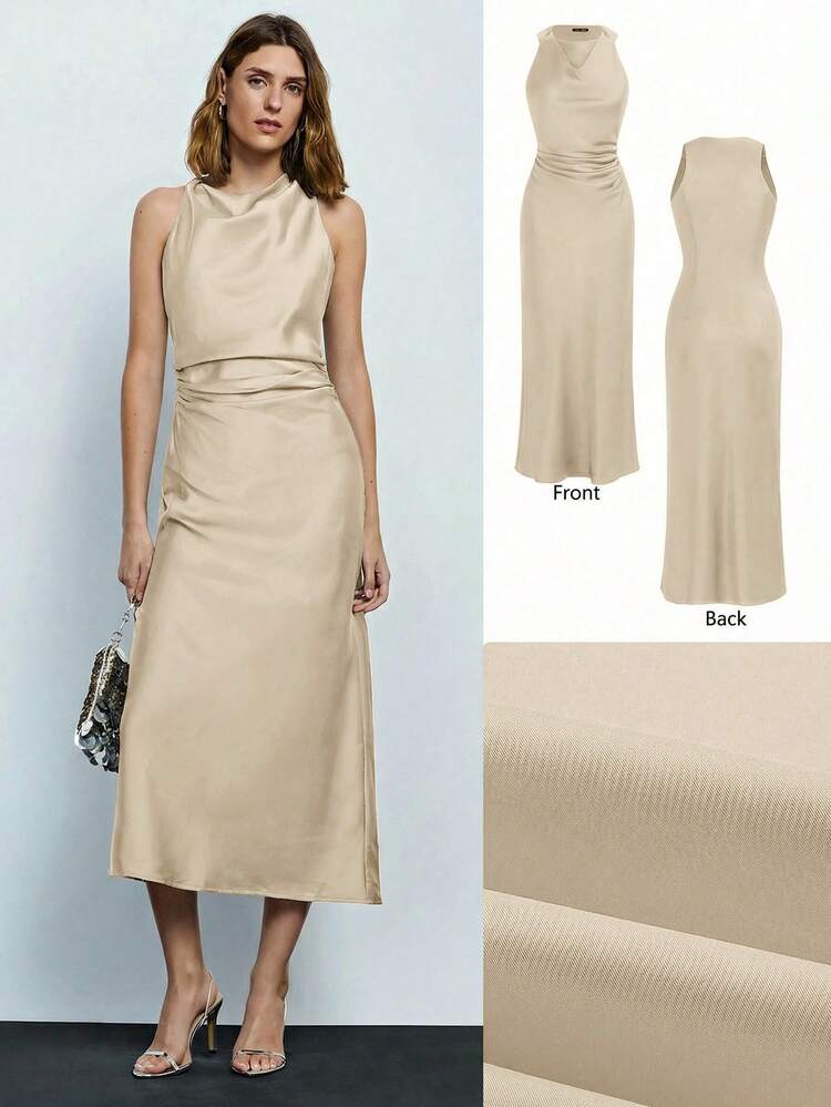 SHEIN Maija Women's Solid Color Ruched Collar Sleeveless Dress, Elegant Business Casual Dress For Women, Vintage Style Women Elegant Outfits Women's Formal Dress Occasion Dresses For Women New In Dresses Cocktail Dress,Summer Dresses For Women