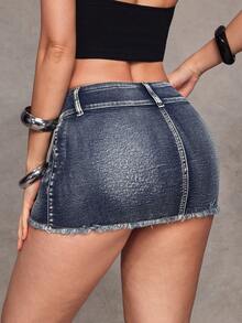 Jeanoix Y2K 女士性感低腰迷你牛仔裙，夏季 - 中等水洗藍 - 查看 2