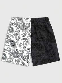 ROMWE MEN Goth Quần short nam phối màu in hình đầu lâu, có dây rút. - Nhiều màu - Xem 2