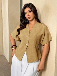 Auralis Camisa de uso diario versátil de talla grande, de unicolor y cuello en V de abotonadura sencilla - Amarillo - Ver 4