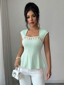 SHEIN Clasi 1pc Women's Spring/Summer Textured Seashell Decor Tassel Waist A-Line Casual Sexy Beach Golf Vacation Dress White - Olive Green - View 4
