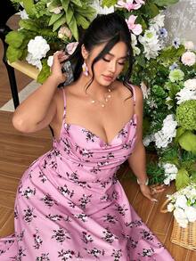 Celure Vestido elegante de tirantes finos con estampado floral para mujer de talla grande - Morado - Ver 1