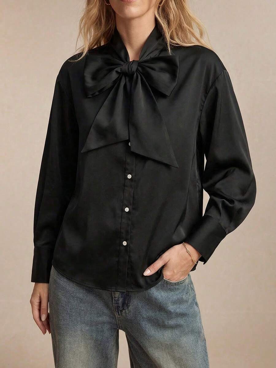 BizChic Women's Casual Elegant Knotted Button Solid Color Long Sleeve Shirt, Suitable For Office, Formal Occasions, Commuting, Daily Casual, Romantic, Y2K Style, 90s Retro, Versatile For Party, Wedding, Graduation, Daily Wear - Black - View 1
