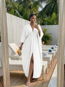 SHEIN CURVE+ Đầm size lớn màu trơn cổ V sâu xẻ đùi, đầm đi du lịch, lễ tốt nghiệp, phong cách thường ngày mùa xuân - trắng - Xem 5