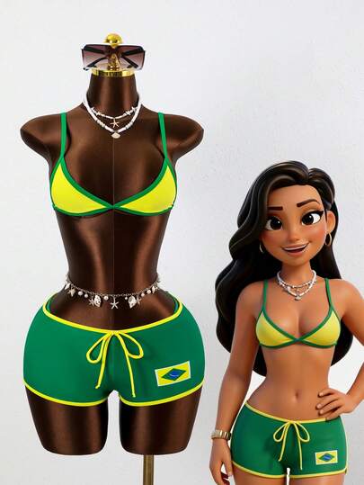 Swim Vcay 女士休闲度假沙滩派对优雅性感丁字比基尼三件套泳装，夏季返校运动风新品