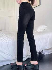 DAZY 女款鈕扣休閒百搭日常牛仔長褲，黑色，夏季百搭 - 黑色 - 查看 2