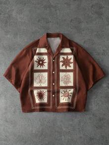 PAVTROS Men's Retro Printed Short Sleeve Shirt - Brown - View 1