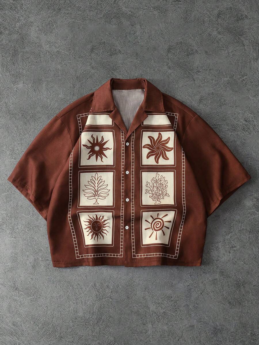 PAVTROS Men's Retro Printed Short Sleeve Shirt - Brown - View 1