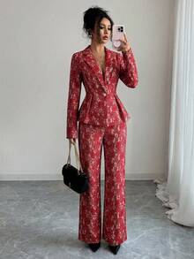 SHEIN Elenzya Bộ vest nữ cổ điển kiểu hoàng gia gồm áo khoác và quần, tay dài, cài khuy ngọc trai, phù hợp cho hẹn hò, Halloween, tựu trường, phong cách Y2K, Grunge, retro xuân/hè, trang phục công sở, đồng phục giáo viên, ngày lễ, bộ đồ ren ngày Valentine. - Màu Đỏ Sâu - Xem 4