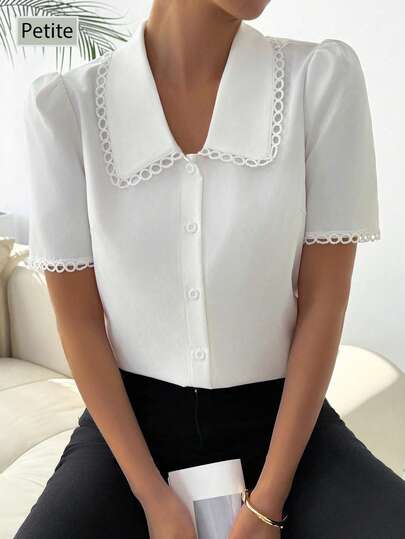 SHEIN PETITE 女士梭织纯色蕾丝拼接短袖衬衫