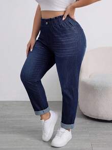 SHEIN Tall CURVE Summer Tall CURVE Plus Size Woman Casual Outfit Elastic Waist Denim Pants For Women Rolled Cuff Loose Jeans Washed High Tapered - Black - View 4