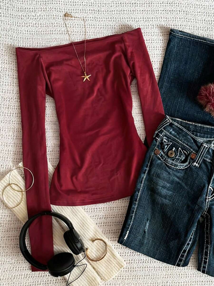 Glimmora Camiseta de manga larga con hombros descubiertos, estilo minimalista y de moda, regalo para amigos - Burdeos - Ver 1