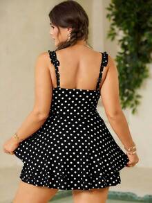 Swim Mod Plus Size Women's 2-Piece Black Polka Dot Ruched Ruffled Bikini High Waist Skirt Swimsuit,Summer 2000's Beach Holiday Modest Separate Bikini - Black and White - View 2