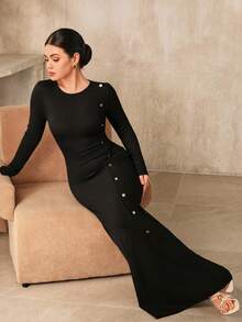 Graceveil Damen Einfarbiges Kleid mit rundem Ausschnitt, Langarm, Knopfdesign, elegantes Kleid, Knopfkleid, Langarmkleid, Bodycon-Kleid, Rippstrickkleid, Damen Maxikleid - Schwarz - Übersicht 6