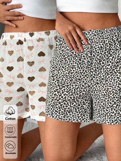 SHEIN Short en coton multicolore à motif léopard et à motif cœur léopard. Vêtements d'intérieur confortables, 2 pièces, shorts décontractés pour femmes à porter pendant l'été