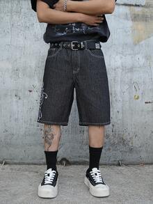 Manfinity EMRG Summer New Text Embroidery Black & White Striped Loose Wide Leg Shorts - Black - View 7